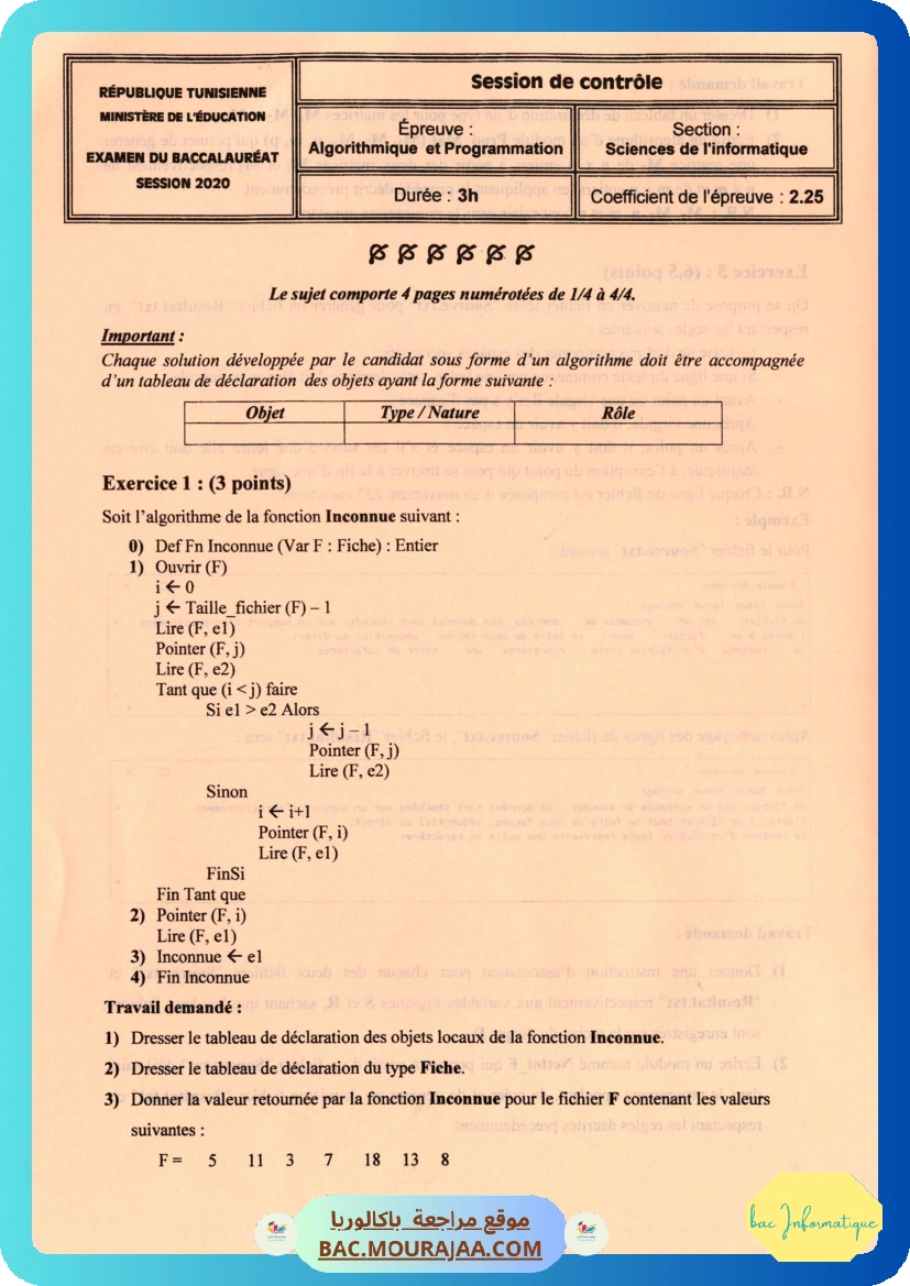 Sujet controle algorithme Bac 2020 – Section info